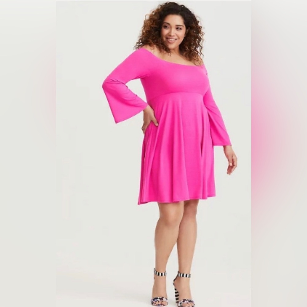 NWOT: Hot Pink Torrid Off-The-Shoulder Mini Dress with Bell Sleeves, Size 2X